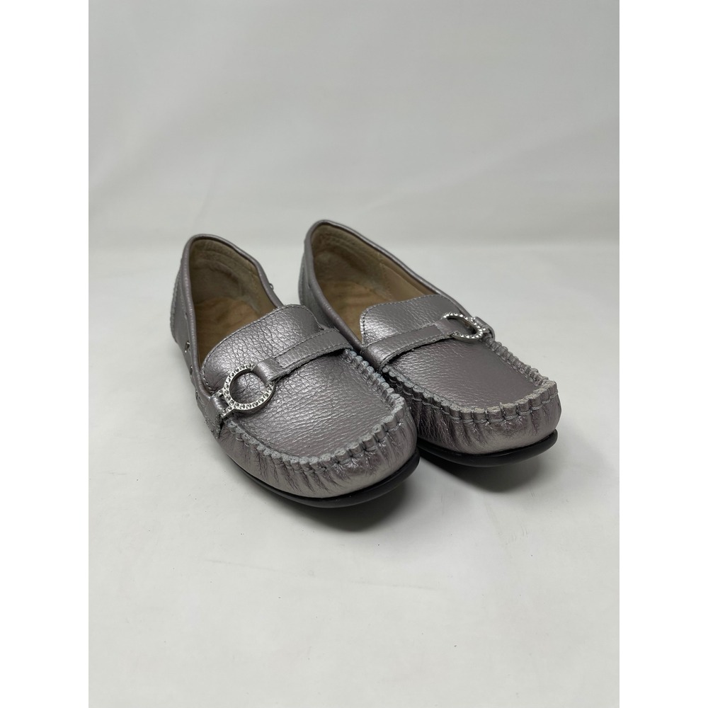 Metallic Silver Pebbled Leather Loafers Crystal Buckle Moc Toe Flat Shoes Mens 8